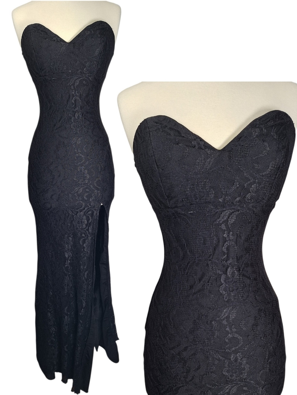 Vintage 90s Strapless Floral Lace Mermaid Maxi Dress Sz Small Black Goth Prom